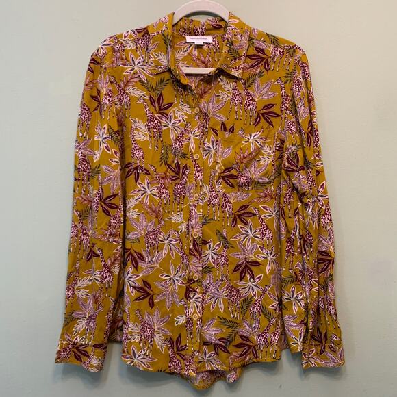 BeachLunchLounge Shirt Women L Mustard Giraffe Print Safari Button Up Top - Picture 1 of 9